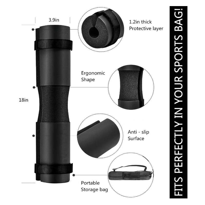 Barbell pad set with portable storage bag for gym and home leg-day training