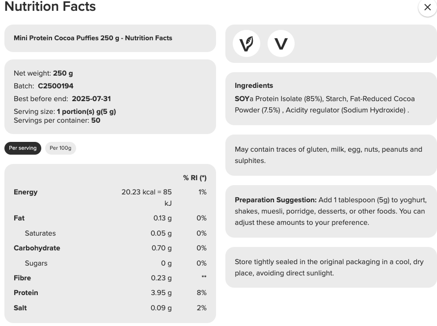 Prozis Mini Vegan Keto Protein Cocoa Puffies (250g - 50 servings)