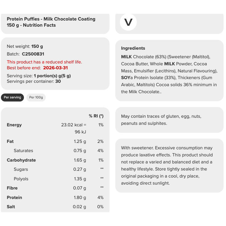 Prozis Keto Protein Chocolate Puffies (1 bag of 30 servings - 150g)