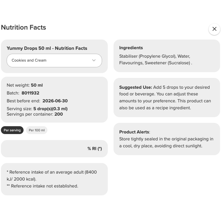 Prozis Yummy 0 Cal Flavour Drops (50ml-200 servings)