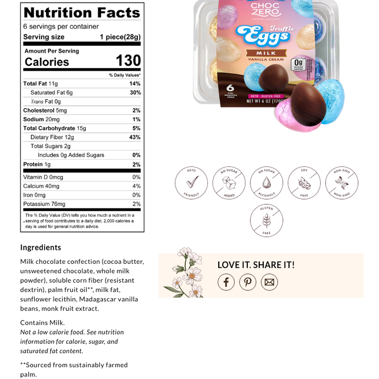 ChocZero Keto Creme Eggs — Sugar Free Chocolate Truffles (6 eggs)