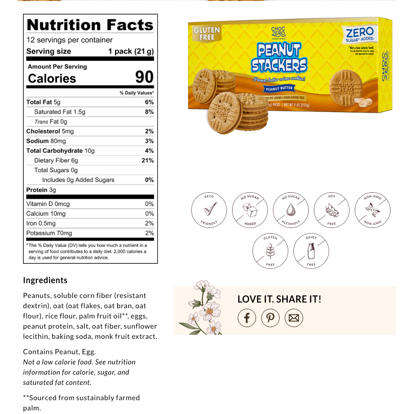 ChocZero Peanut Stackers — GF Keto Peanut Butter Cookies (12 packs of 2 cookies)