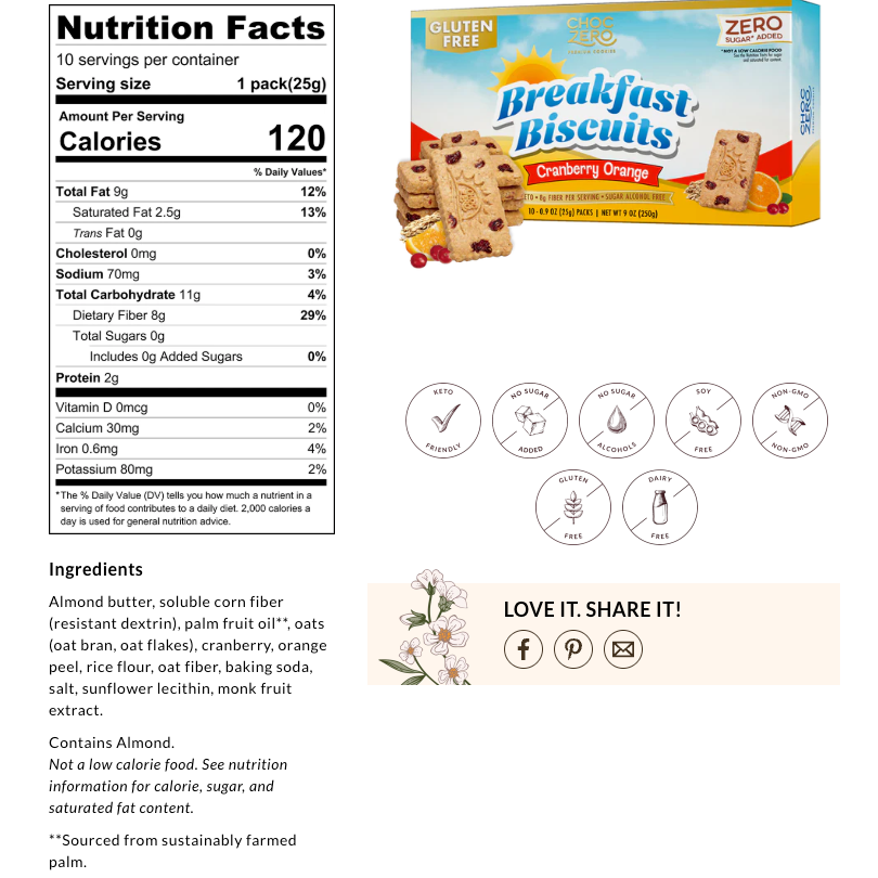 ChocZero GF Keto Breakfast Cookies Nutrition Facts label — 120 cal