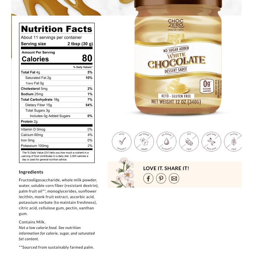 ChocZero Keto Spread Nutrition Facts label