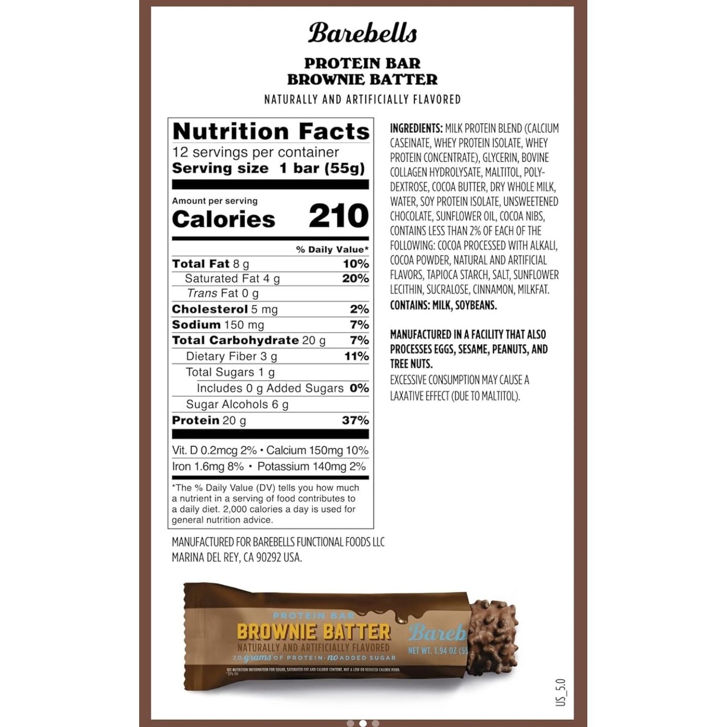 Barebells Protein Bar Nutrition Facts label — 210 cal, 20g protein