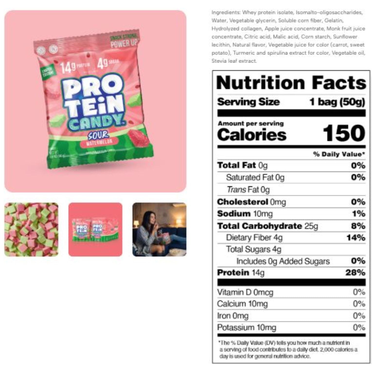 Protein Candy Nutrition Facts label — 150 cal, 14g protein