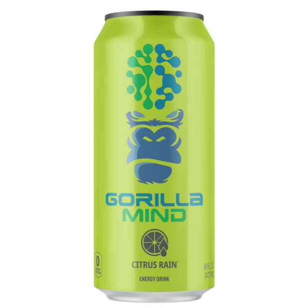 Gorilla Mind Energy Drink — Citrus Rain front of can, 16 fl oz, zero sugar