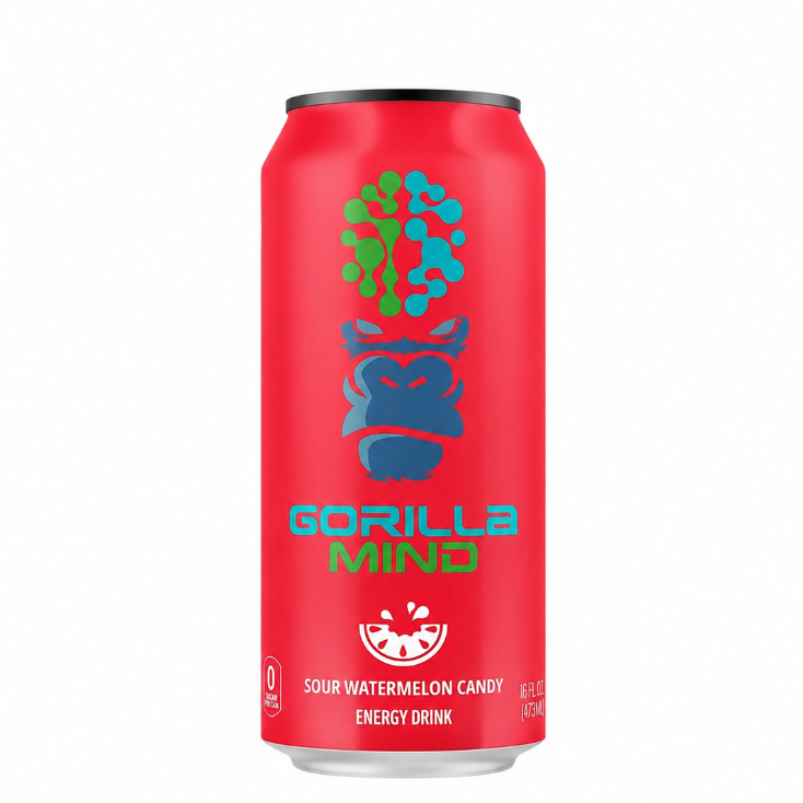 Gorilla Mind Energy Drink — Sour Watermelon Candy front of can, 16 fl oz, zero sugar