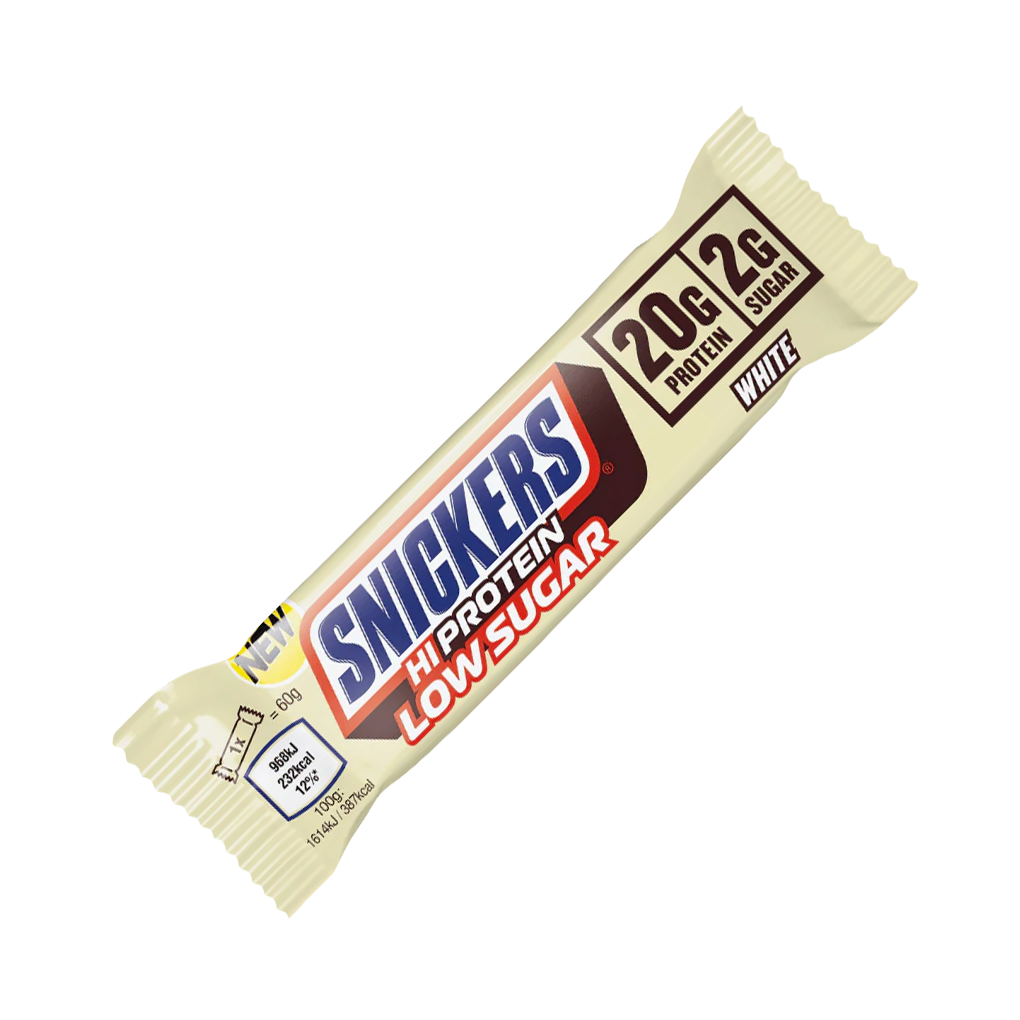 Snickers Hi Protein Low Sugar White — front of bar, 20g protein 2g sugar snack