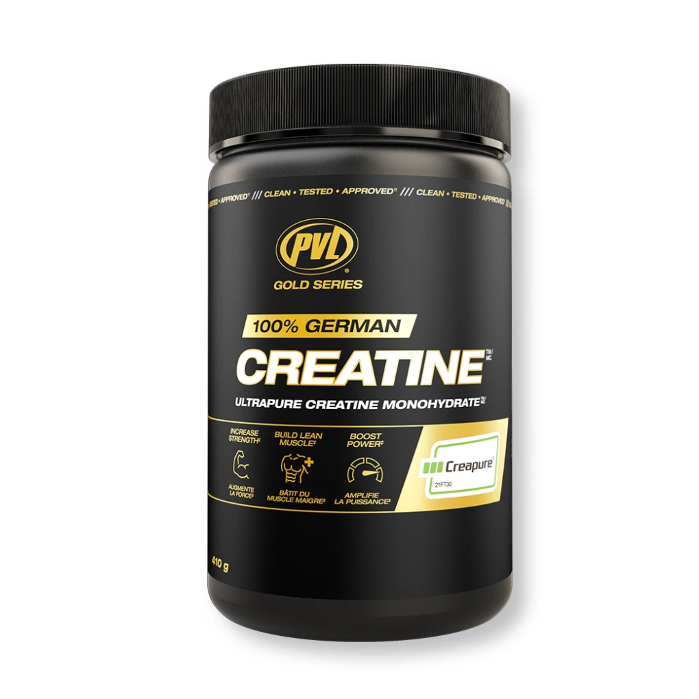 PVL 100% German Creatine with Creapure supplement facts and label — 5g creatine monohydrate per serving, 82 servings