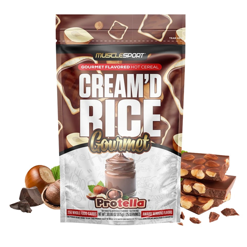 MuscleSport Cream'd Rice Protella hot cereal pouch, 25 servings, 25g whole-food carbs, gluten-free