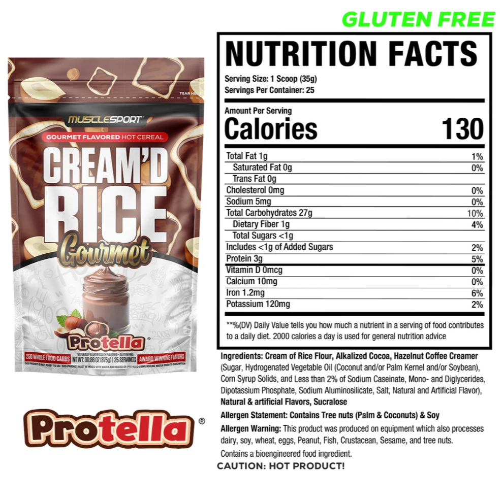 Nutrition Facts panel for MuscleSport Cream'd Rice Protella hot cereal, 130 calories, gluten-free