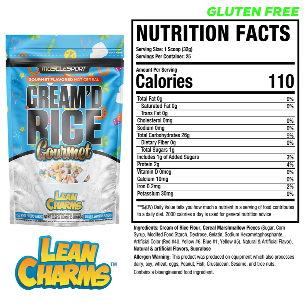 Nutrition Facts panel for MuscleSport Cream'd Rice Lean Charms hot cereal, 110 calories, gluten-free