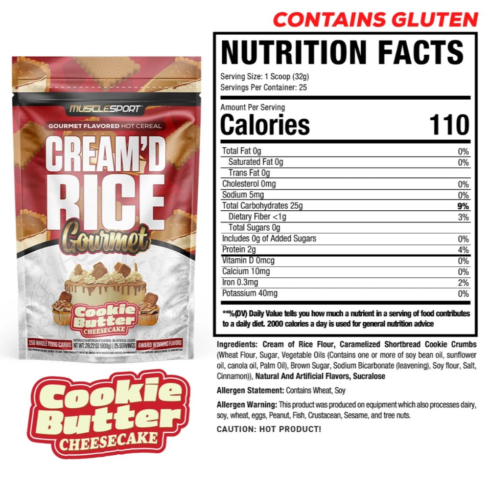 Nutrition Facts panel for MuscleSport Cream'd Rice Cookie Butter Cheesecake hot cereal, 110 calories