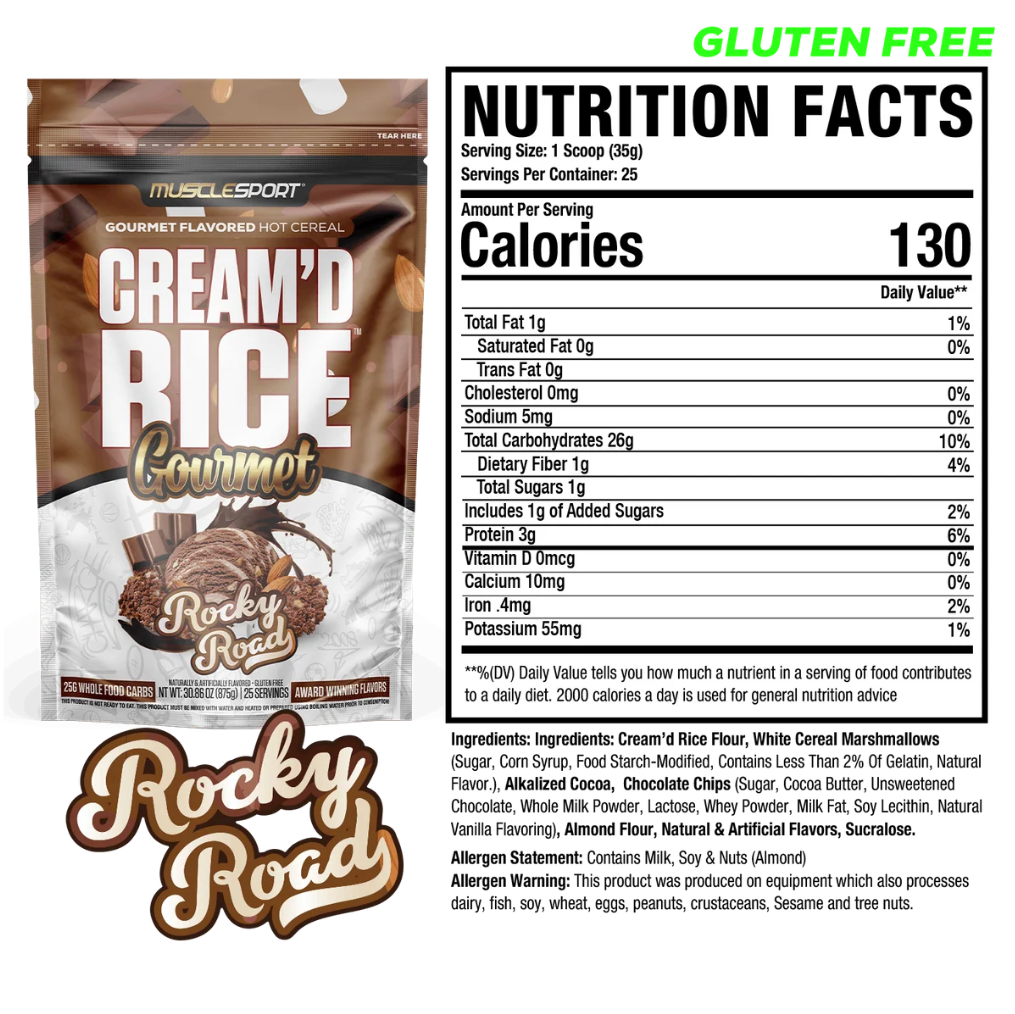 Nutrition Facts panel for MuscleSport Cream'd Rice Rocky Road hot cereal, 130 calories, gluten-free