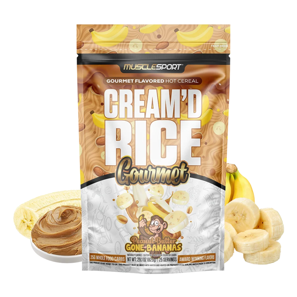 MuscleSport Cream'd Rice Peanut Butter Gone Bananas hot cereal pouch with banana slices and peanut butter