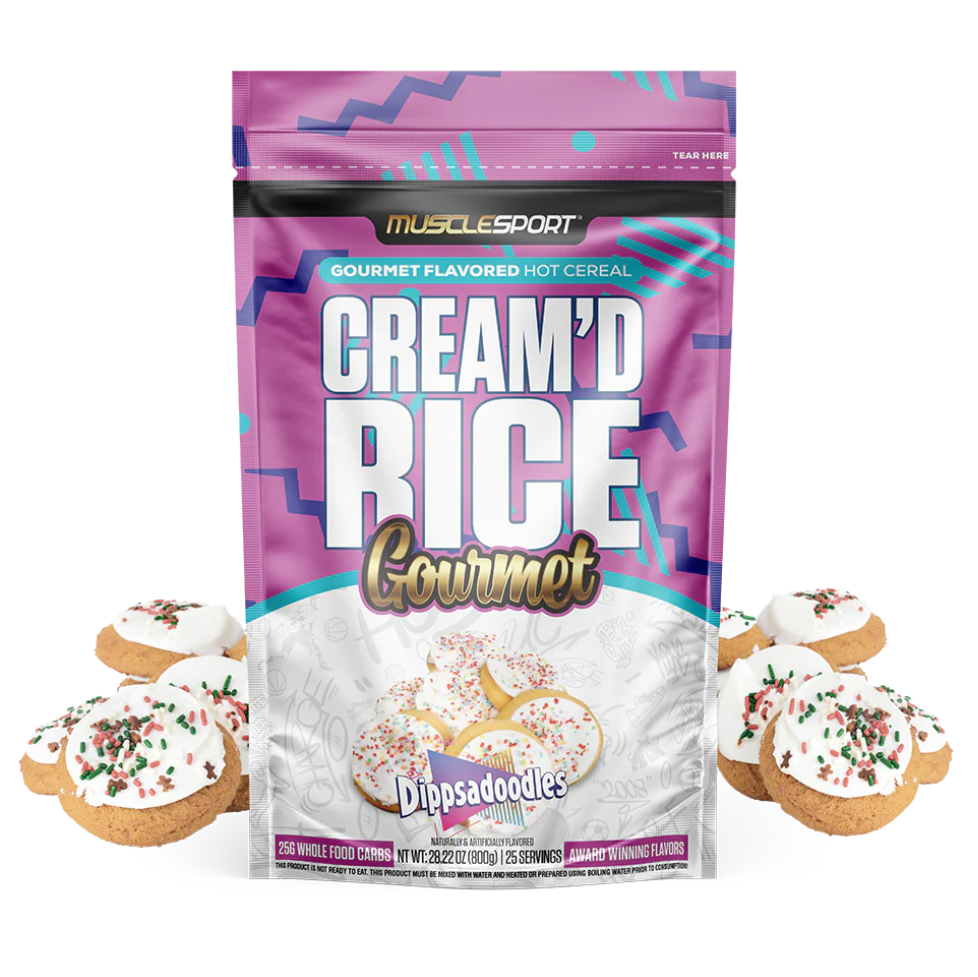 MuscleSport Cream'd Rice Dippsadoodles hot cereal pouch with frosted sprinkle sugar cookies