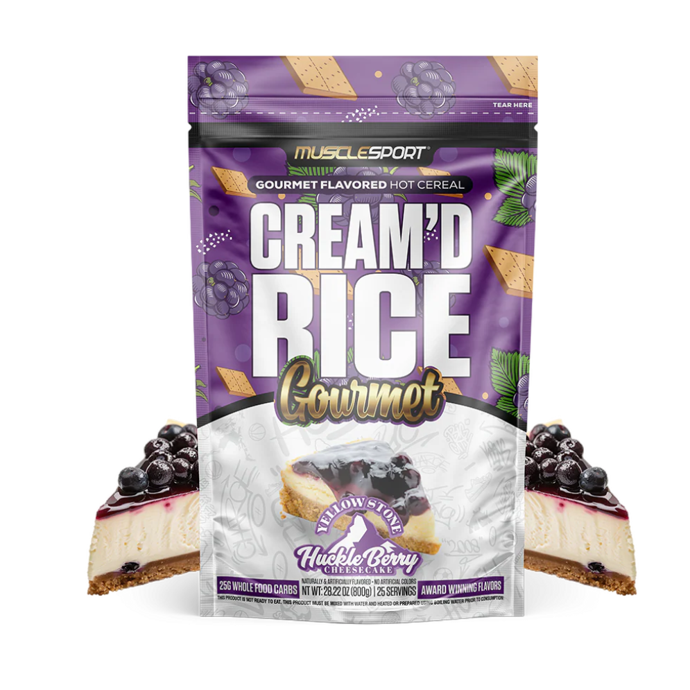 MuscleSport Cream'd Rice Huckle Berry Cheesecake hot cereal pouch with blueberry cheesecake slices
