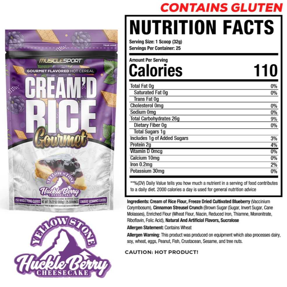 Nutrition Facts panel for MuscleSport Cream'd Rice Huckle Berry Cheesecake hot cereal, 110 calories