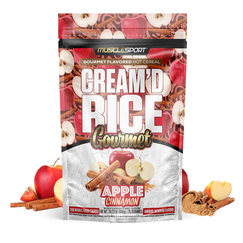 MuscleSport Cream'd Rice Apple Cinnamon hot cereal pouch with fresh apples and cinnamon sticks