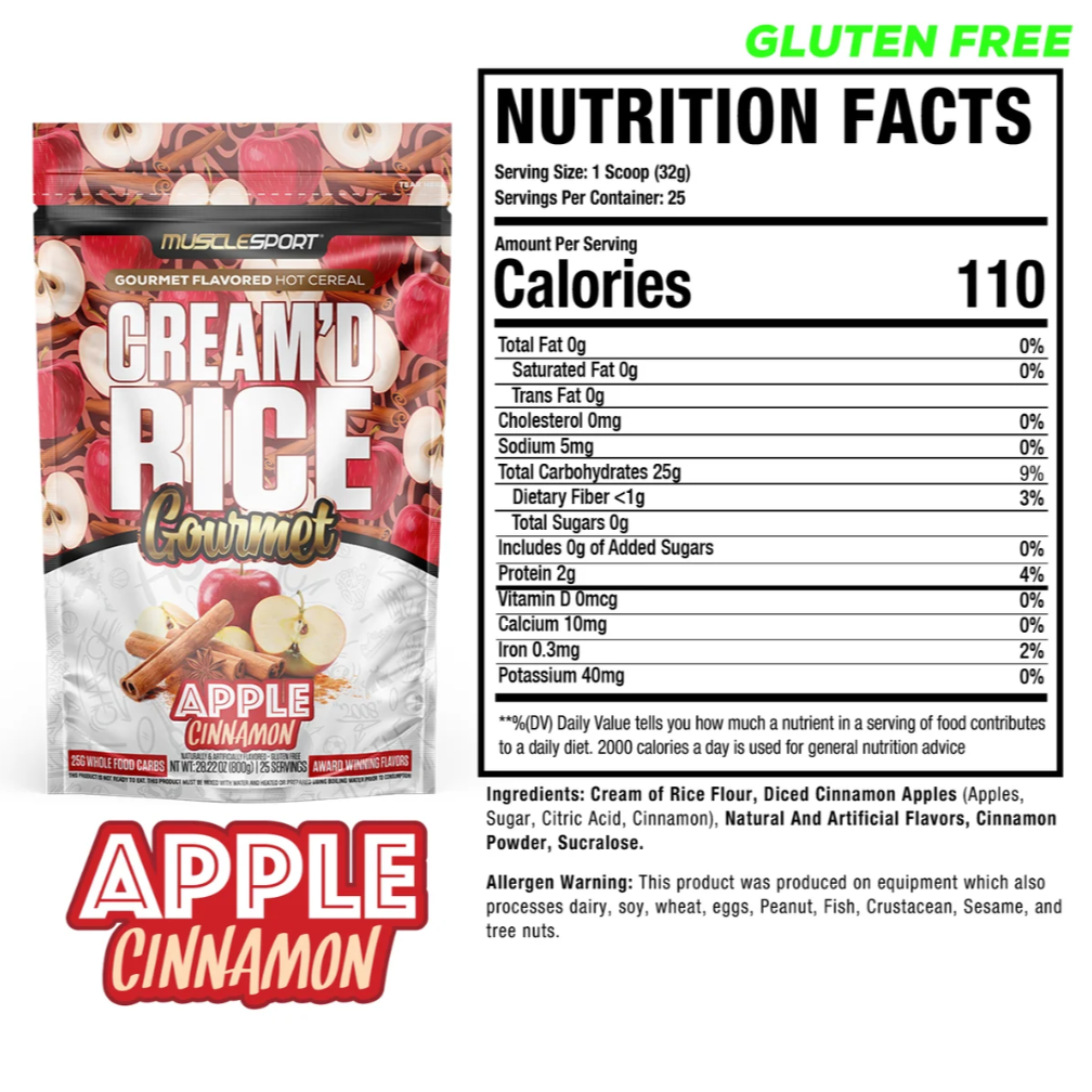 Nutrition Facts panel for MuscleSport Cream'd Rice Apple Cinnamon hot cereal, 110 calories, gluten-free