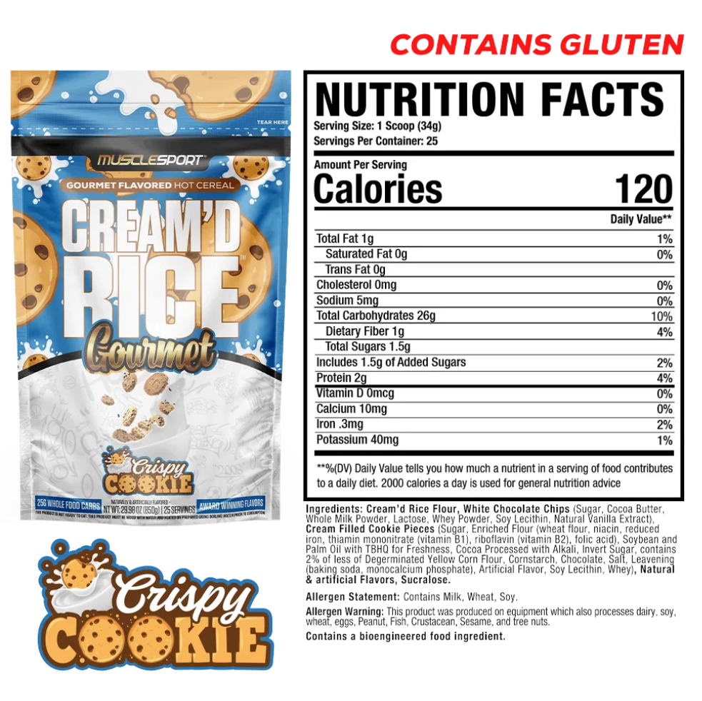 Nutrition Facts panel for MuscleSport Cream'd Rice Crispy Cookie hot cereal, 120 calories, contains gluten