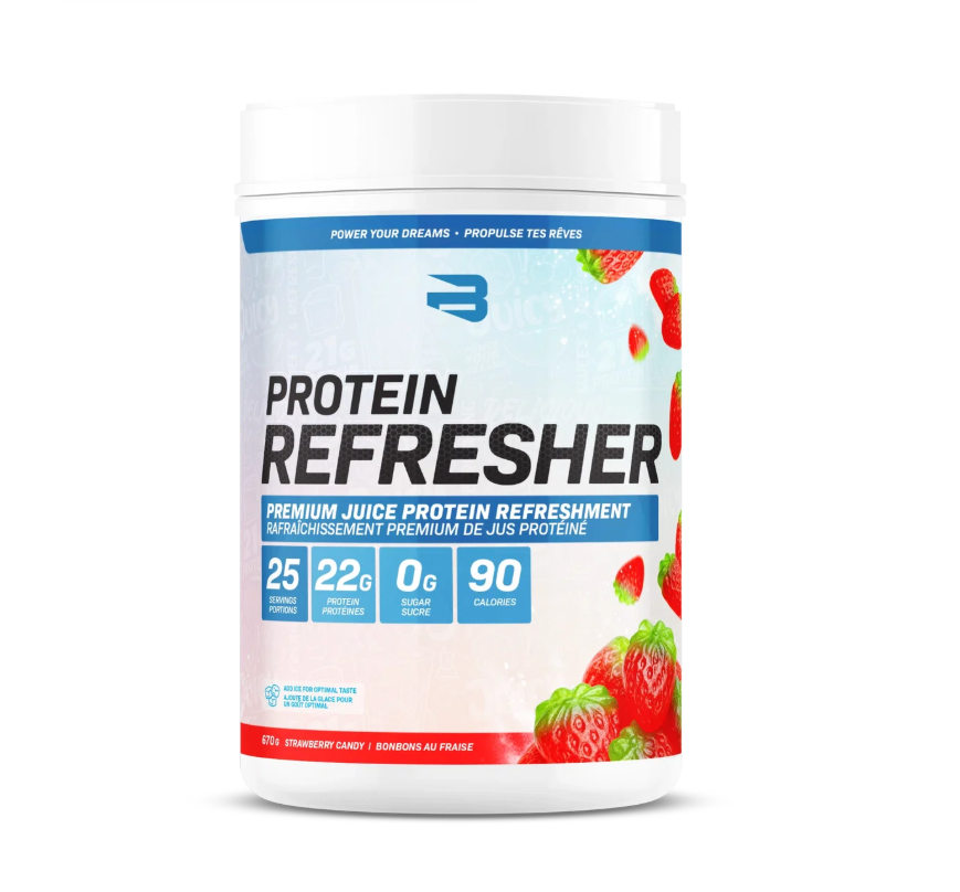 Believe Protein Refresher clear juice whey isolate tub — Strawberry Candy, 22g protein, 0g sugar, 90 cal