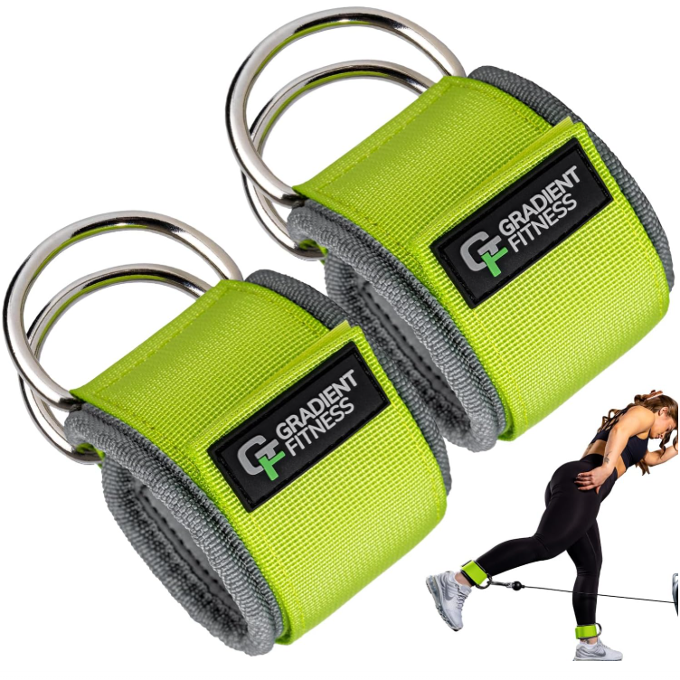 Pair of padded neoprene ankle straps for cable machines with double D-rings, plus cable kickback demo