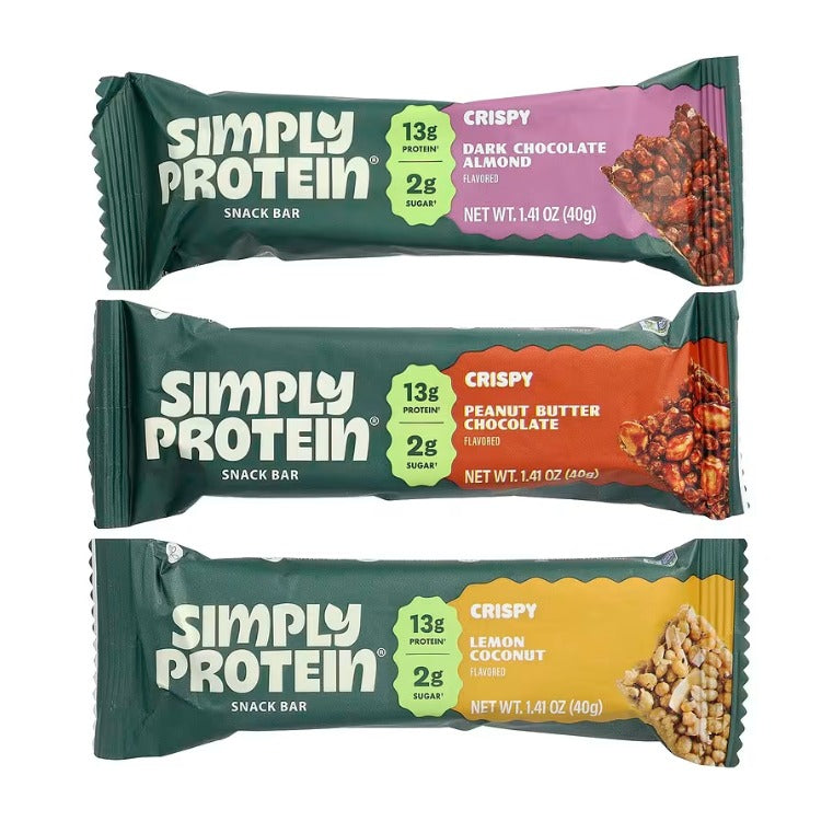 SimplyProtein Gluten-Free Vegan Protein Bars stacked — Dark Chocolate Almond, Peanut Butter Chocolate, Lemon Coconut