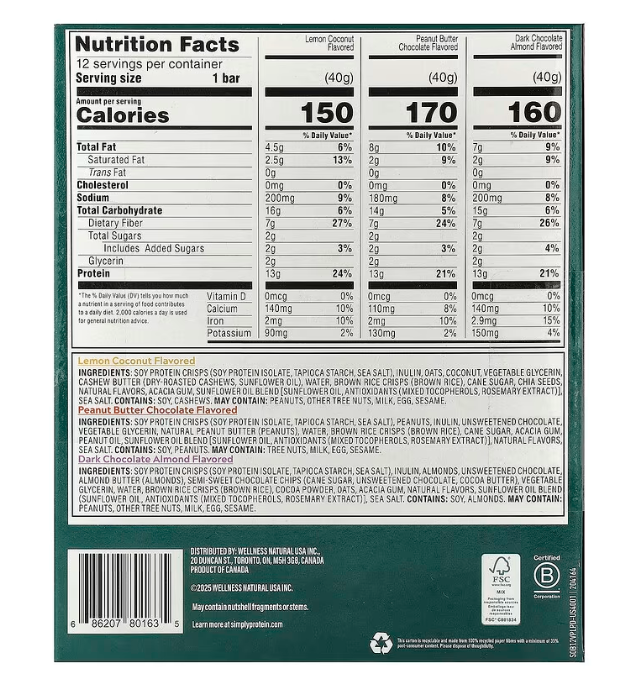 SimplyProtein Vegan Protein Bar Nutrition Facts label showing calories, protein, fibre and sugar per bar