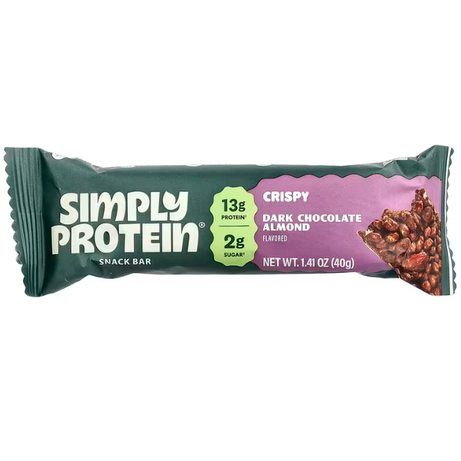 SimplyProtein Dark Chocolate Almond vegan protein bar — crispy plant-based snack, 13 g protein, 2 g sugar