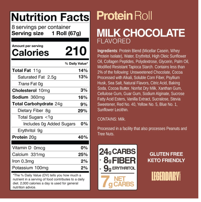 Legendary Milk Chocolate Protein Sweet Roll Nutrition Facts, 210 calories, 20g protein, 7g net carbs