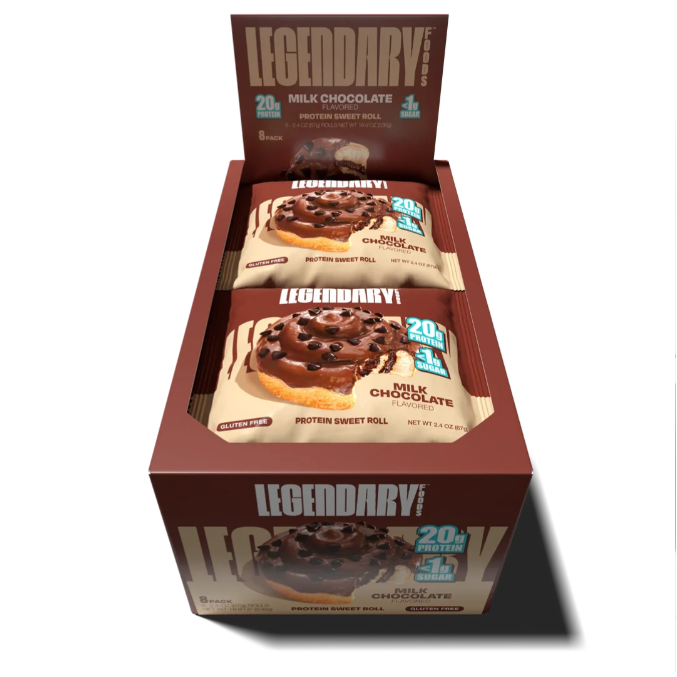 Legendary Milk Chocolate Protein Sweet Roll open box of 8, brown carton with wrapped rolls