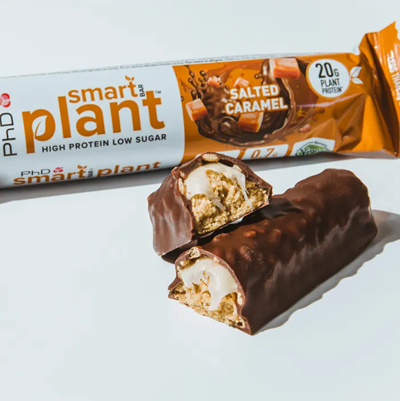 PhD Smart Plant Salted Caramel vegan bar cut open showing caramel center, chocolate coated