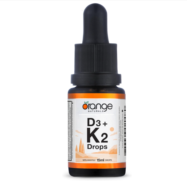Orange Naturals D3+K2 liquid drops — vitamin D3 250 IU and K2 30 mcg for bone health