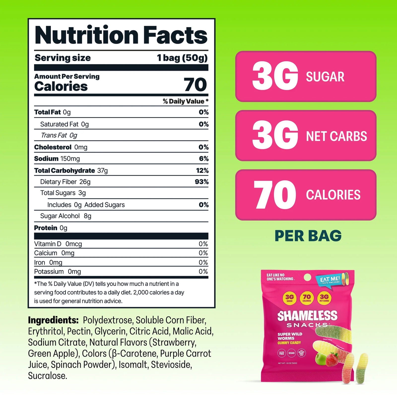 Shameless Snacks Low Sugar Vegan Gummy Candy (1 bag) 