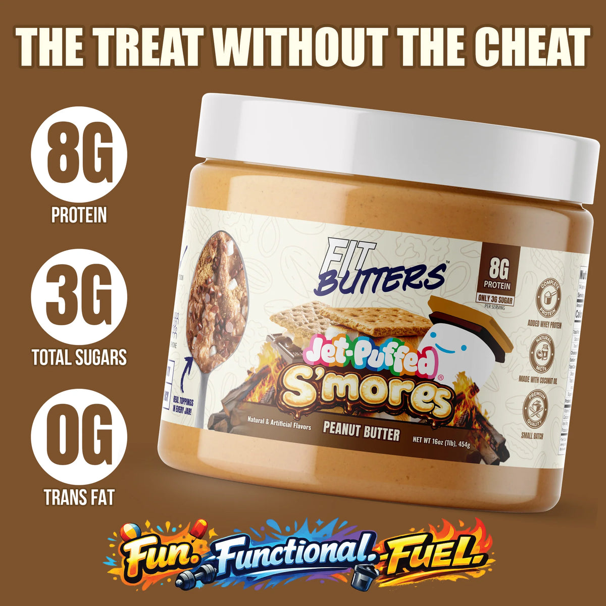 Fit Butter high-protein nut butter close-up with real dessert mix-ins folded through the spread