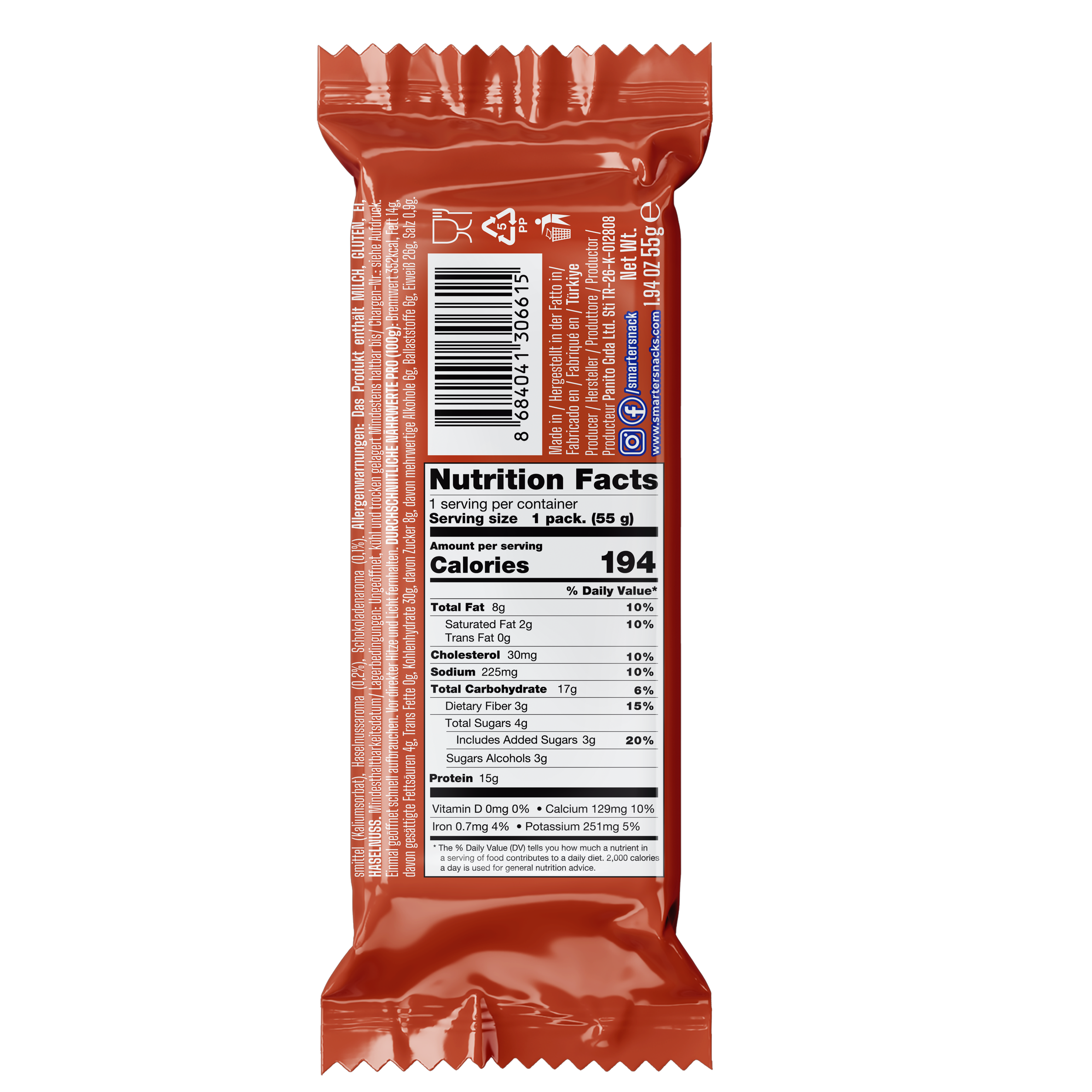 Smarter Snacks Protein Waffle Hazelnut Chocolate Cream nutrition facts and ingredients label