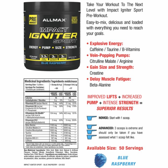 Allmax Nutrition Impact Igniter SPORT Pre-Workout (50 servings) Pre-workout Blue Raspberry,Peach Mango Allmax Nutrition
