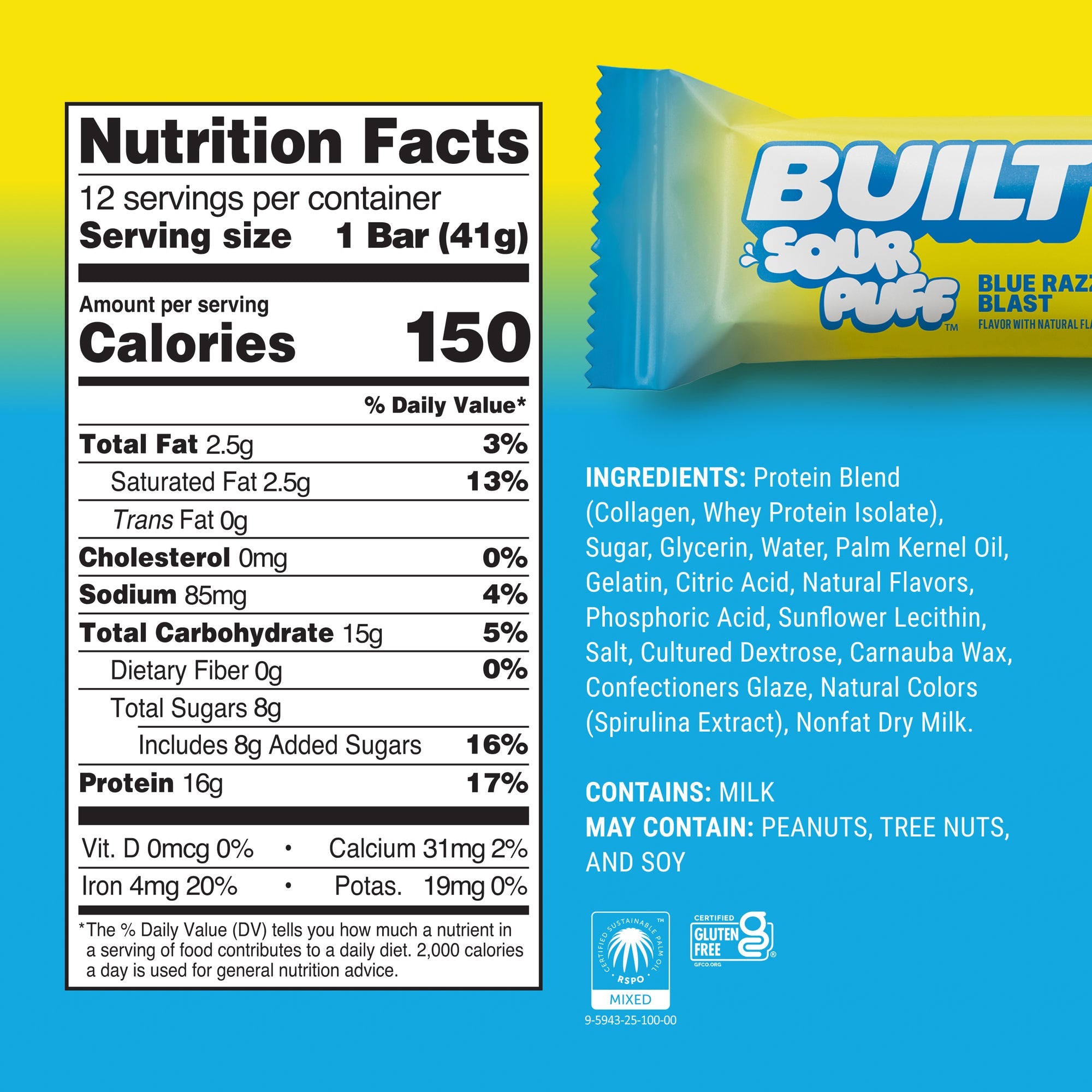 Built Protein Bars & Puffs Blue Razz Blast Sour Puff Nutrition Facts panel — 150 cal, 16g protein