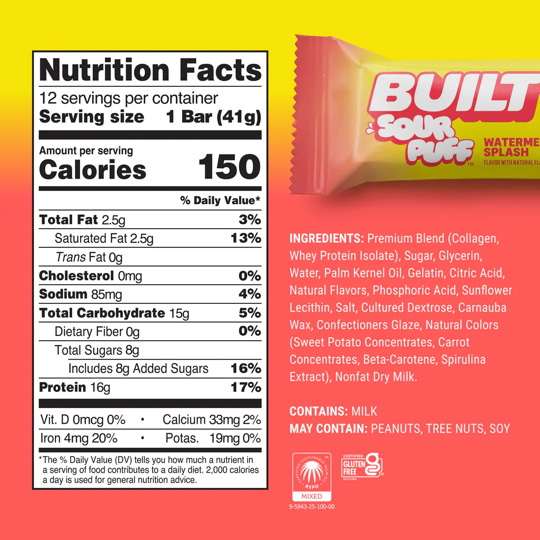 Built Protein Bars & Puffs Nutrition Facts label — 150 cal, 16g protein