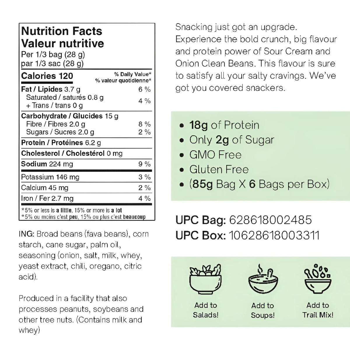 Nutraphase Clean Beans Sour Cream and Onion Nutrition Facts panel, 120 calories and 18g protein