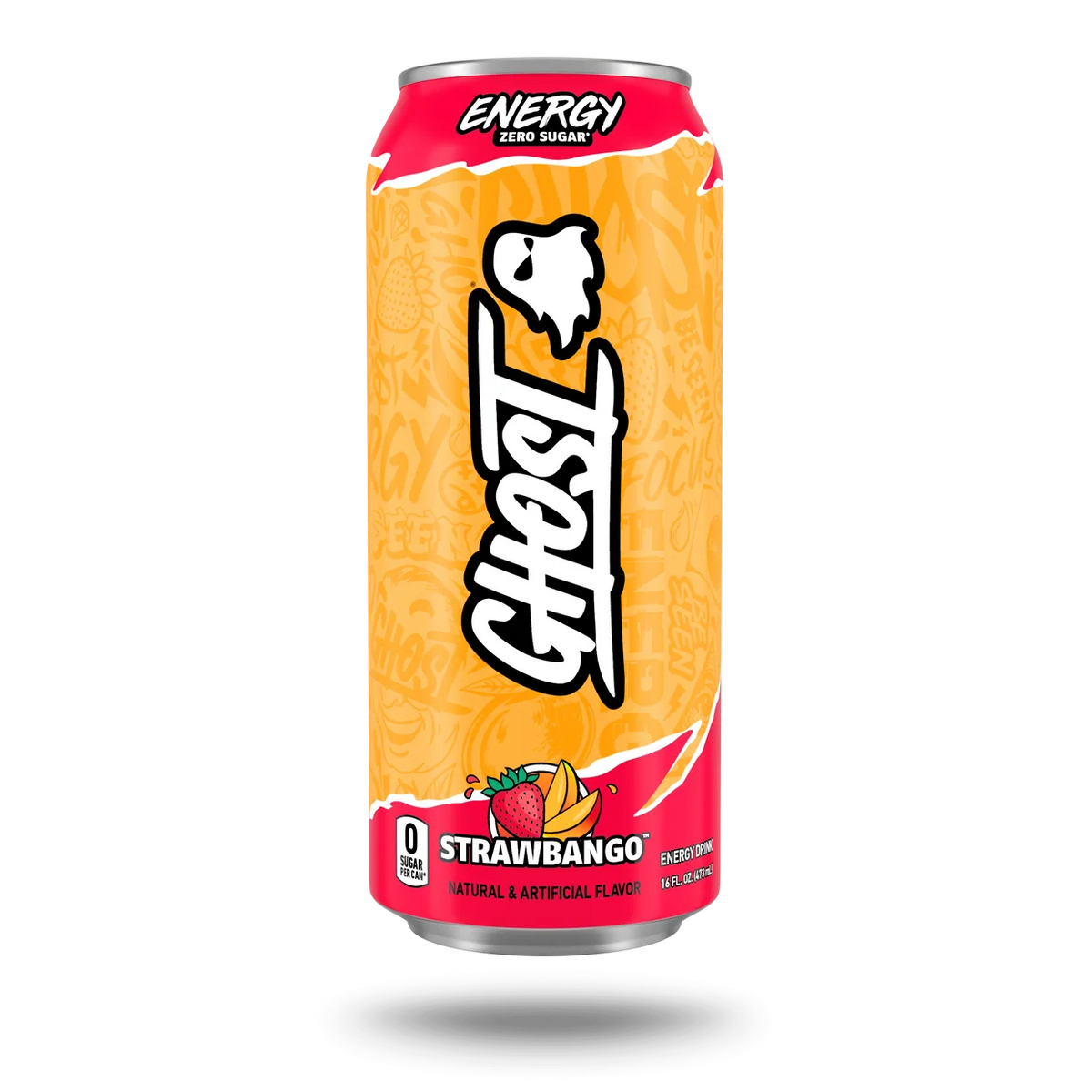 GHOST Energy Drink Strawbango, orange 473 mL can, zero sugar with natural caffeine and taurine