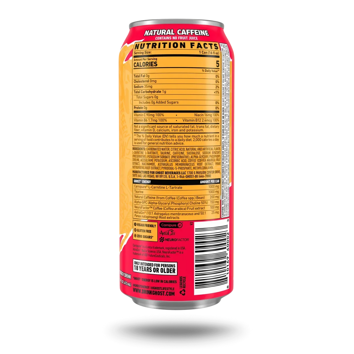 GHOST Energy Canada Strawbango — bilingual Supplemented Food Facts label, 473 mL can