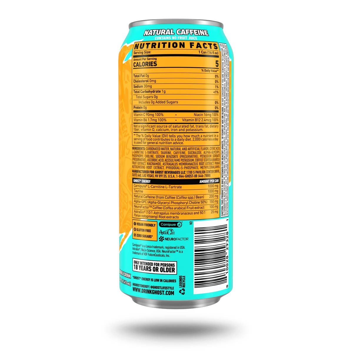 GHOST Energy USA Tropical Mango — Nutrition Facts label, 16 fl oz can, 200mg natural caffeine