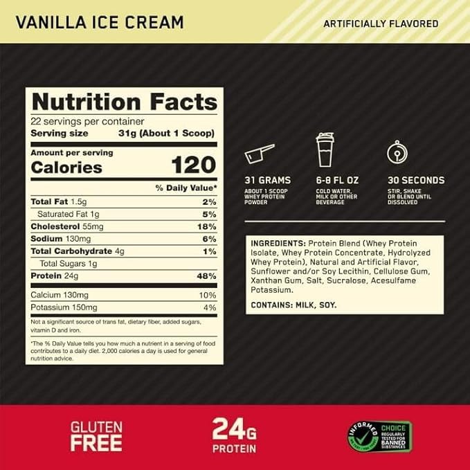 Optimum Nutrition Gold Standard 100% Whey Protein Powder (1.5 lb) Nutrition Facts panel