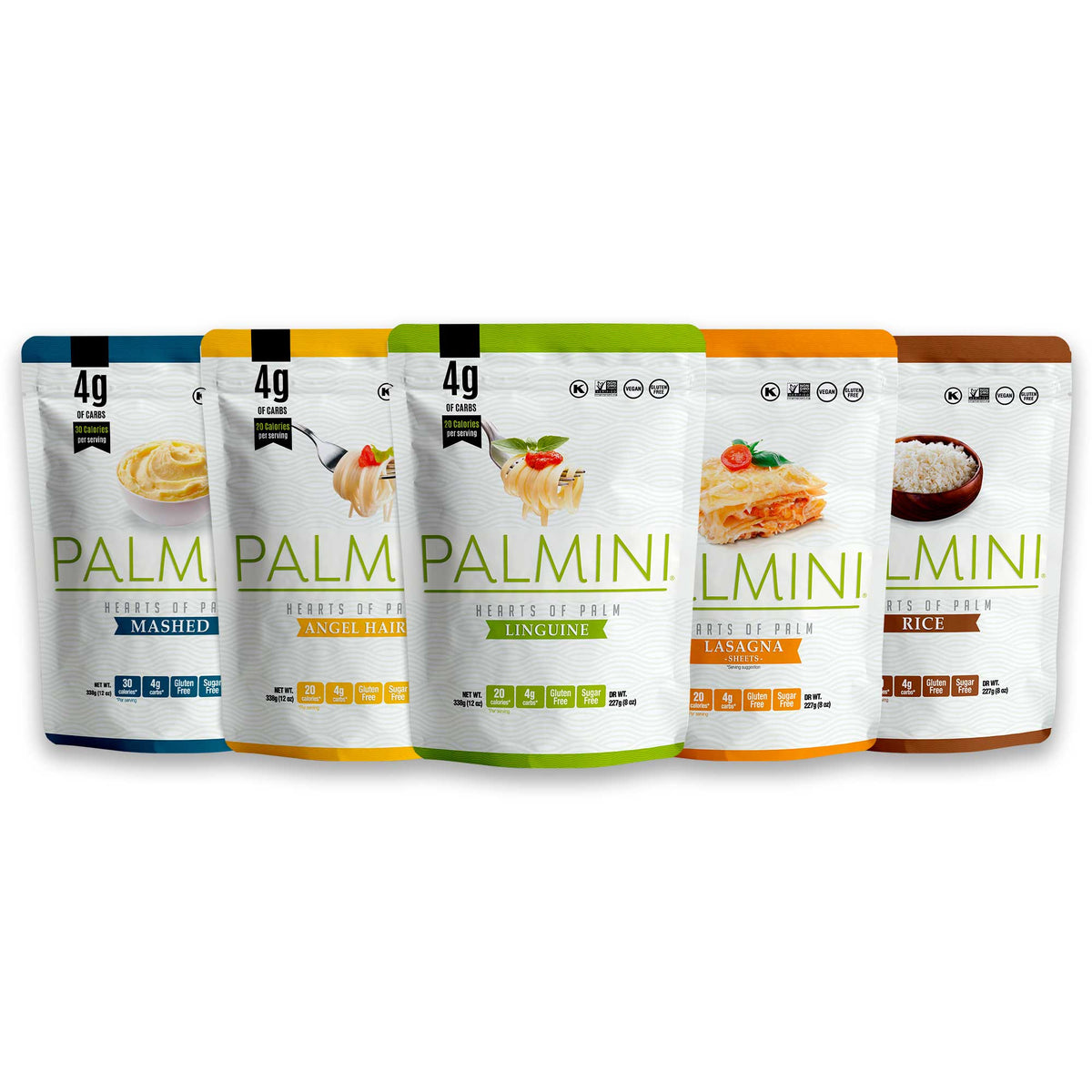 Palmini Hearts of Palm pasta, rice and mashed pouches lined up together on a white background