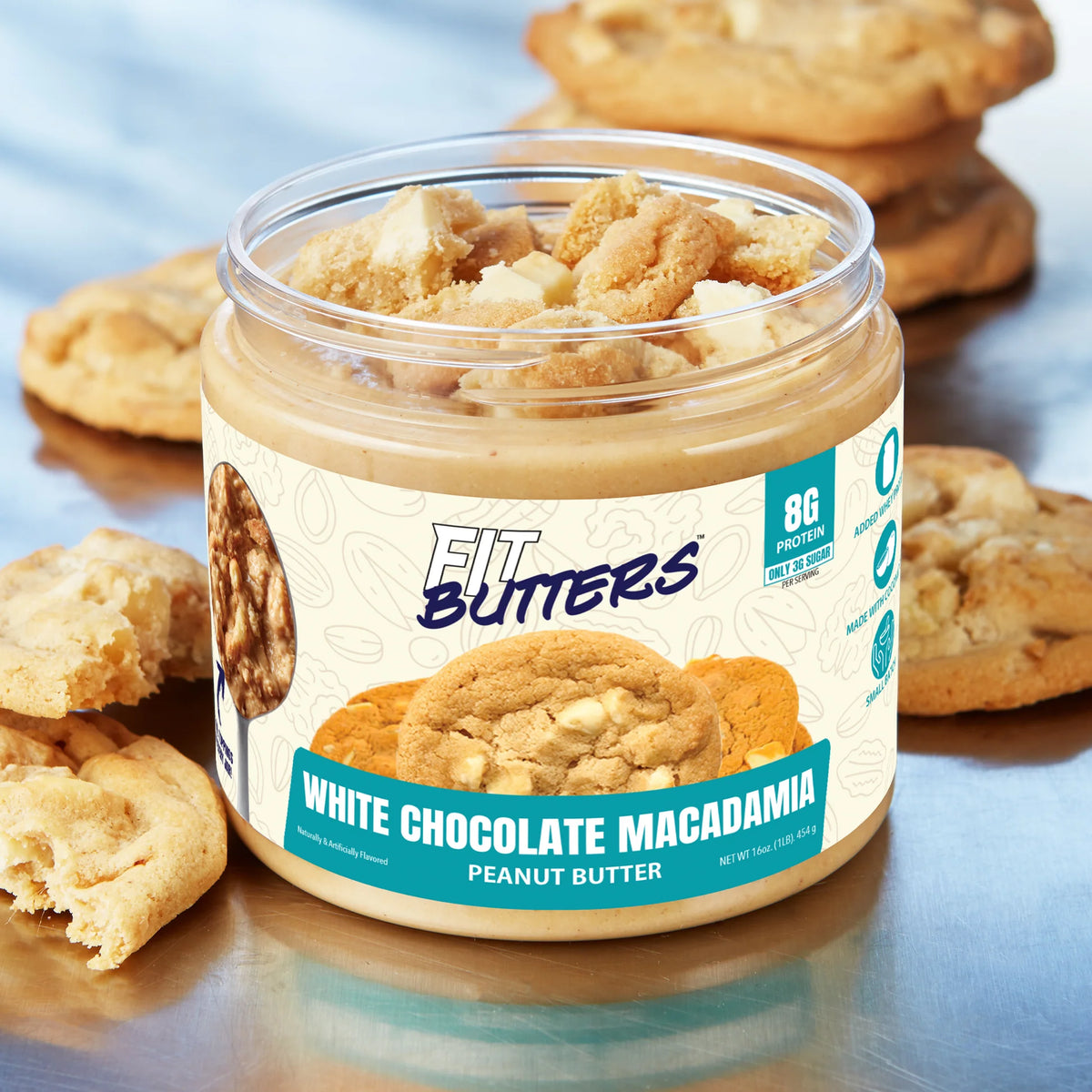 Fit Butter White Chocolate Macadamia high-protein peanut butter jar, side view of the label