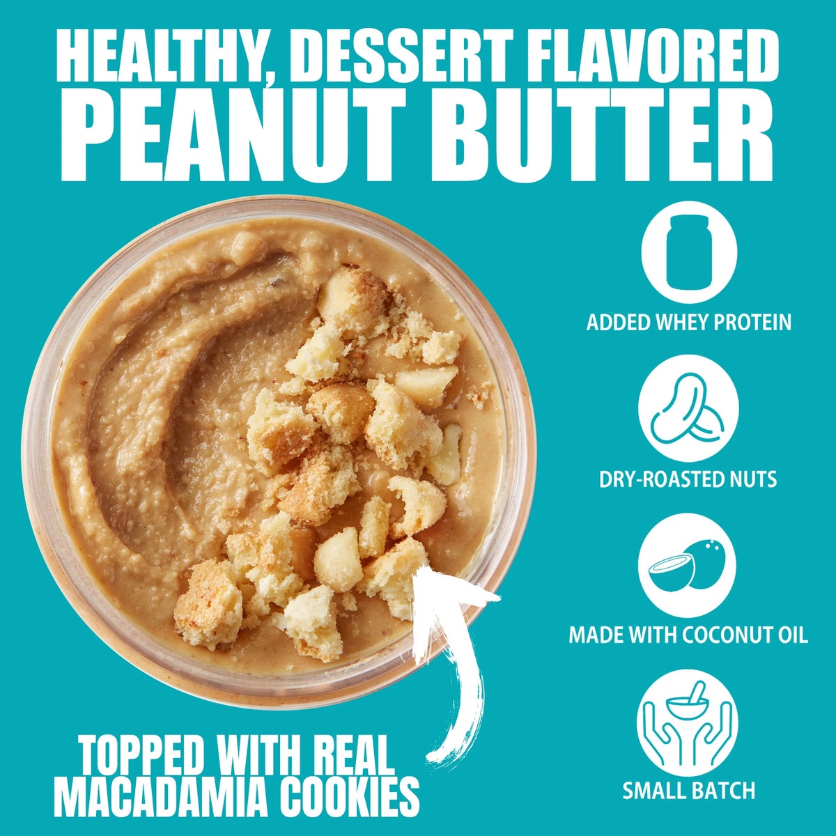 Fit Butter White Chocolate Macadamia high-protein peanut butter jar, front label