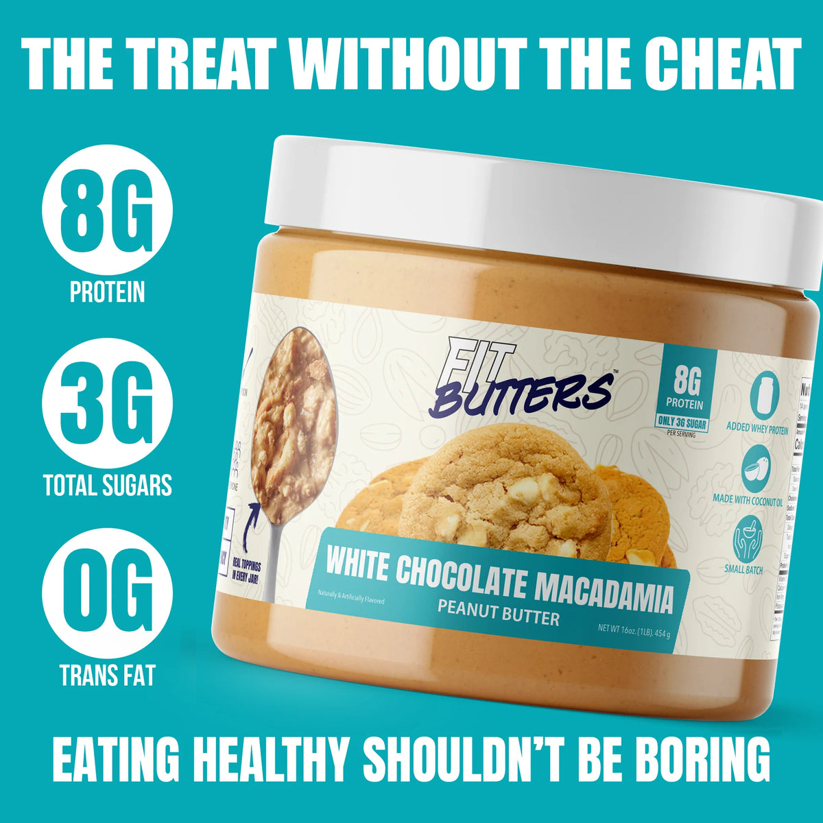 Fit Butter White Chocolate Macadamia high-protein peanut butter, open jar showing the swirled spread
